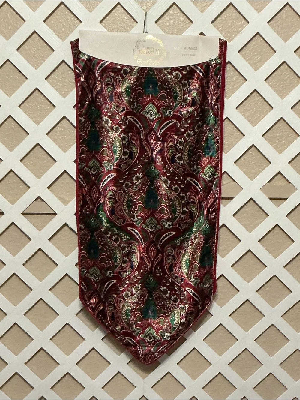 “Festival of Light” Burgundy & Green Paisley Print Velour Table Runner